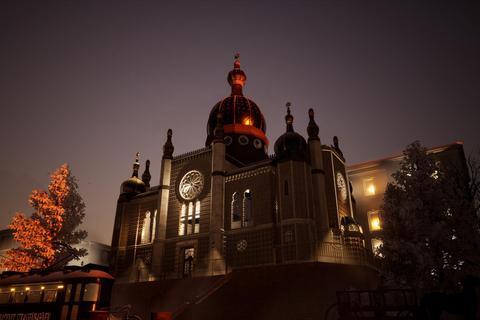 Wiesbadens 1938 zerstörte Synagoge am Michelsberg in einer neuen virtuellen Rekonstruktion – mit Straßenbahn. Foto: Werkgemeinschaft Vierter Raum/Projekt „Gesher“