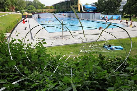 Durch dieses übergroße Bein aus Johannes Büttners Skulpturenreihe „Flexen“ kann man wunderbar Schwimmer betrachten – denn es steht mitten im Mainzer Taubertsbergbad. Foto: hbz/Michael Bahr