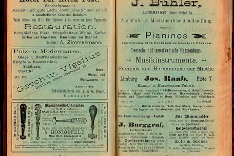 Die Inserate aus dem ersten Limburger Adressbuch offenbaren ausgangs des 19. Jahrhunderts ein reges Limburger Geschäftsleben.  Foto: Dieter Fluck 