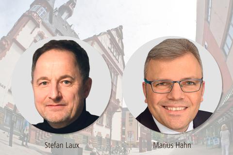 Machen die Stichwahl am 28. März untereinander aus: Amtsinhaber Marius Hahn und Stefan Laux. Grafik: Konrad Steinhaus 