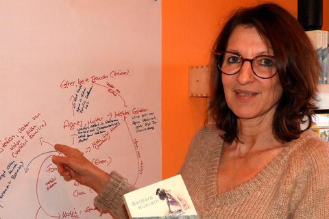 Einen neuen Roman beginnt Barbara Kunrath stets auf einem großen Papier, wo sie die handelnden Personen miteinander verknüpft.  Foto: Kerstin Kaminsky 