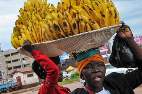 Frauen verkaufen ihre Bananen auf der Straße, nachdem der Verkauf auf Märkten in Uganda verboten wurde, um die Ausbreitung des Coronavirus einzudämmen. Foto: Ronald Kabuubi/AP/dpa 