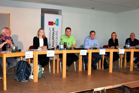 Sie stellten sich den Fragen der Gymnasiasten: (v.l.) André Pabst (Die Linke), Alicia Bokler (SPD), Christian Tramnitz (Die Grünen), Markus Koob (CDU), Katja Adler (FDP) und Henning Thöne (AfD). Foto: Margit Bach 