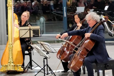 Marlis Neumann (von links), Hyun-Jung Berger und Julius Berger musizierten im Glaspavillon Velte. © Michael Arndt