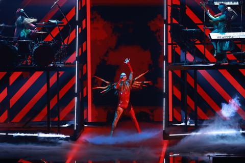 Die Gruppe „Lord Of The Lost“ singt beim ESC 2023 in der Liverpool Arena in Liverpool.