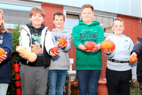 Die jungen Hobbygärtner Elina, Felix, Lennart, Luca, Mika und Jonathan sind zufrieden mit ihrer Kürbisernte - gleich geht es in die Schulküche, um aus dem gesunden Fruchtgemüse eine leckere Suppe zu kochen.  Foto: Michael Tietz 