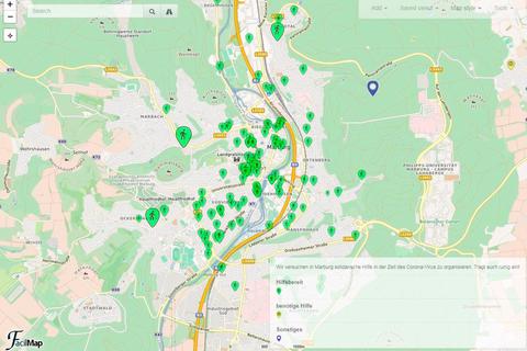 Auf einer interaktiven Karte tragen Hilfsbedürftige und -bereite im Landkreis Marburg-Biedenkopf ihre Kontaktdaten ein.  Screenshot: Markus Engelhardt 