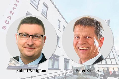 Bei der Bürgermeister-Stichwahl in Gladenbach treten am 22. November Amtsinhaber Peter Kremer und Robert Wolfgram (beide parteilos) an.  Grafik Konrad Steinhaus 