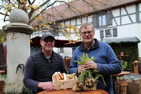 Landwirt Helfried Eden(rechts) und Vertriebsleiter Jan Woscidlo(links) sind stolz auf ihren eigens auf dem Dagobertshäuser Hofgut angebauten Ingwer. Foto: Patrick Stein