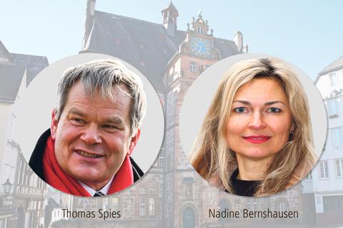 Bei der Stichwahl in zwei Wochen können sich die Marburger zwischen Amtsinhaber Thomas Spies und Nadine Bernshausen entscheiden. Grafik: Konrad Steinhaus 