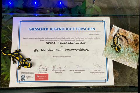 Das Projekt erhält mehrere Auszeichnungen, unter anderem beim Wissenschaftsfestival "Gießener Jugendliche Forschen".  Foto: Projektgruppe WvO "Arche Feuersalamander" 