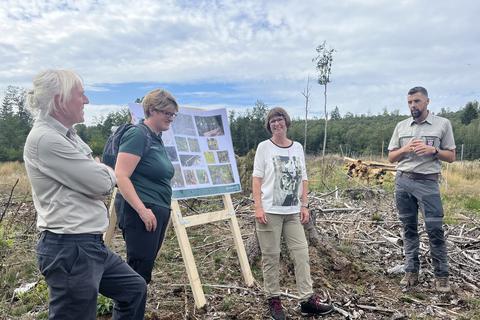 Bei einer Waldbegehung mit Umweltministerin Priska Hinz (zweite von rechts) haben Bernhard Klement (links), Rebekka Janson (zweite von links) und Jochen Arnold (rechts) vom Forstamt Herborn eine Methode vorgestellt, um Wasser im Wald zu halten.
