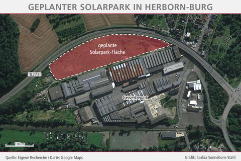 Im halbrunden Bereich zwischen der Bundesstraße 277 und dem Gewerbepark auf dem Gelände der früheren Burger Hütte soll ein Solarpark entstehen.