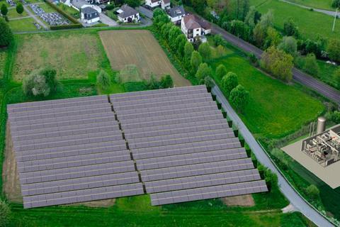 Hier könnten eine Solarthermie-Anlage und ein Heizwerk entstehen: Sinns Finanzausschuss empfiehlt, dass die Gemeinde die entsprechenden Grundstücke für die Infrastruktur von "Bioenergie Edingen" kauft. Visualisierung: Viessmann 