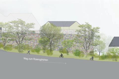 Vom Rosengärtchen aus würde sich das Parkhaus dem Entwurf zufolge so präsentieren.  Grafik: BLFP Architekten   