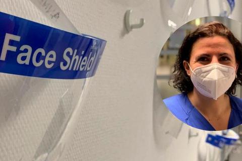 Beim Arbeiten mit dem Patienten trägt Fatmire Mazreku (rundes Bild) unter anderem ein Face Shield. Es soll versehentliche Griffe ins Gesicht verhindern. Fotos: Tobi Manges 