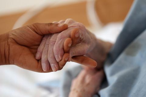 Eine Pflegerin hält die Hand einer Frau.  Symbolfoto: dpa