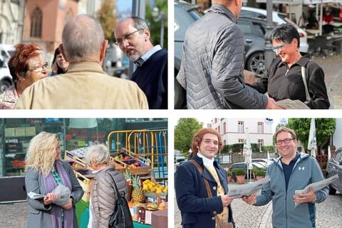 Im Gespr&auml;ch mit Lesern: (im Uhrzeigersinn): Chefredakteur Uwe R&ouml;ndigs, Chef vom Dienst Michael K&ouml;hler, Redakteurin Tanja Freudenmann und Michael Brauns, Leiter Lesermarkt, mit &bdquo;Goethe&ldquo;.  Fotos: Heiland/Keller
