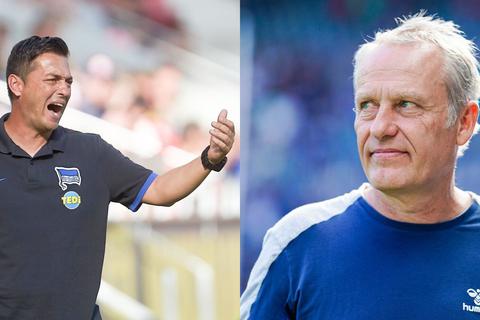 Hertha-Trainer Ante Covic (li) und Freiburgs Coach Christian Streich. Fotos: dpa