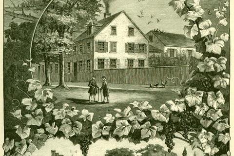 Alt-Germantown: oben links Pastorius’ erste Blockhütte (1683), oben rechts  sein späteres Wohnhaus, darunter die Druckerei (1735) und der Marktplatz (um 1820). Rechts Titelblatt von Pastorius’ Bericht aus Nordamerika Fotos: Wikipedia/Ed Meskens