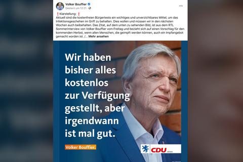 Der Facebook-Post von Hessens Ministerpräsident Volker Bouffier.  Grafik: Facebook; Volker Bouffier, VRM