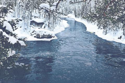 Blick auf den Fluss Oulankajoki, bei einer Wanderung im winterlichen Nationalpark Oulanka im Nordosten  Finnlands. Foto: Liudmila Kilian