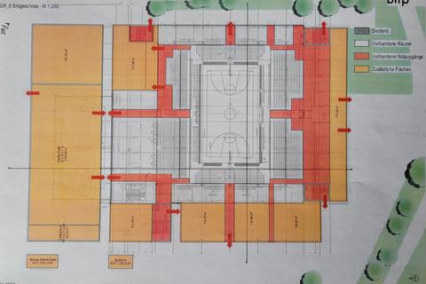 Der Um- und Ausbau der Osthalle auf einen Blick. In Gelb sind die zusätzlichen Flächen zu sehen.  Plan: blfp-Architekten/Foto: Fischer 