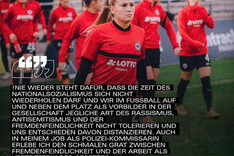 Die Gräveneckerin Laura Störzel ist ein Gesicht der Social-Media-Kampagne der Frauenfußball-Abteilung von Eintracht Frankfurt zur Intiative !nie wieder. Grafik: Eintracht Frankfurt